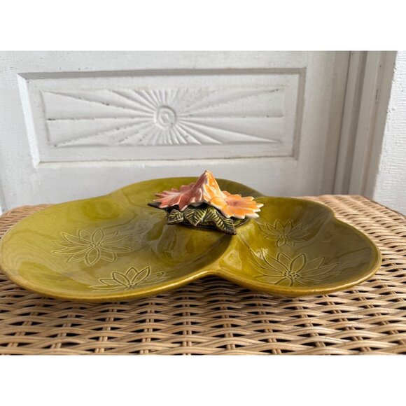 Vintage Mid-Century Modern California Pottery Green Floral Divided Serving Dish - Picture 3 of 11